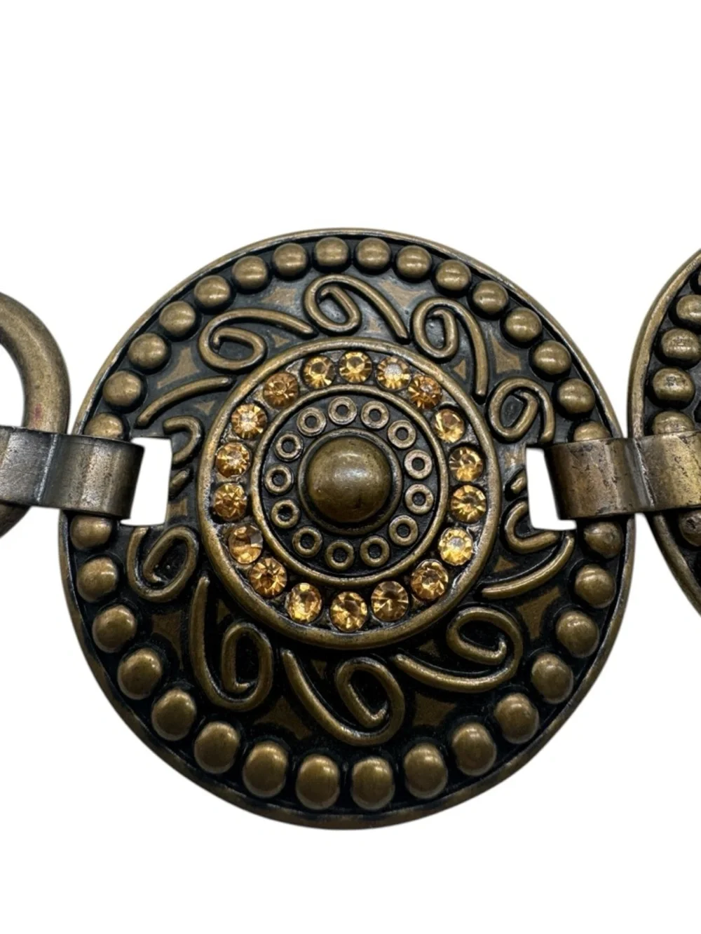 Chico’s Western Leather Belt Brown Bronze Concho Medallion Statement Sz SM